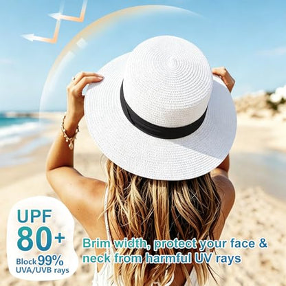 DRESHOW Women Straw Panama Hat Travel Fedora Beach Sun Hat Summer Wide Brim Straw Roll up Hats UPF 50+ - color: 1 Pack Boater Hat: White With Black Band