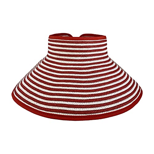 Womens Foldable Straw Sun Visor, Packable Roll‑Up Beach Hat with Wide Brim - color: Red and White Stripe