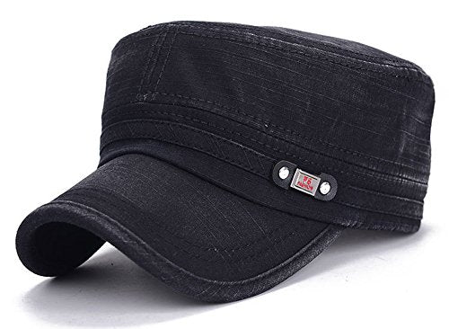 QZUnique Adjustable Flat Top Cap Solid Brim Army Cadet Style Military Hat - color: A- Black