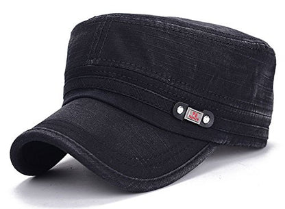 QZUnique Adjustable Flat Top Cap Solid Brim Army Cadet Style Military Hat - color: A- Black