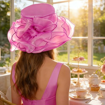 DRESHOW Women Organza Hat Church Cap Hats Clearance Kentucky Derby Cocktail Tea Party Wedding Flower Hat with Wide Brim - color: Bow Hat: Rose Pink