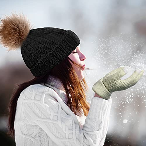 Syhood 4 Pcs Hat and Glove Set Winter Beanie and Glove Set - color: Black and Beige