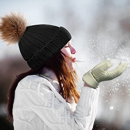 Syhood 4 Pcs Hat and Glove Set Winter Beanie and Glove Set - color: Black and Beige