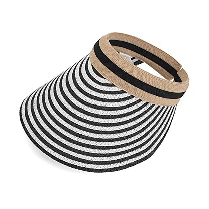 Women Summer Sun Hat Lady's Portable Beach Visor Bowknot Straw Hat - color: Black Stripe