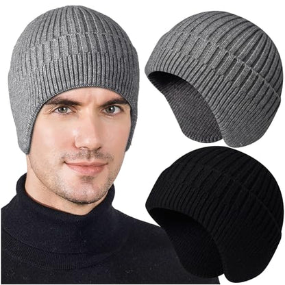 Heniho 2pcs Winter Beanies with Ear Flaps for Men Women, Warm Knit Earflaps Cap Thick Hats - color: #A- Black, Gray