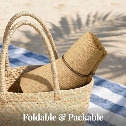 Women's Sun Straw Hat Wide Brim Floppy Foldable Hats Beach Travel Summer Vacation Hat UPF 50+ - color: Khaki