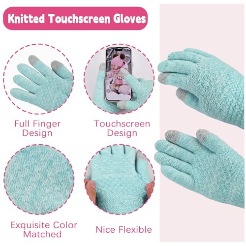 Kids Winter Hat Gloves Scarf Set Girls, Children Beanies Hats with Pom Pom - color: Mint Green Mix