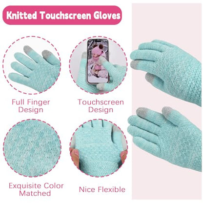 Kids Winter Hat Gloves Scarf Set Girls, Children Beanies Hats with Pom Pom - color: Mint Green Mix