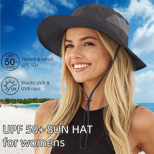 Connectyle Women's UPF 50+ Sun Hat UV Protection Wide Brim Bucket Hat Summer Beach Hats Fishing Hiking Outdoor Safari Hats - color: Deep Grey