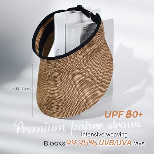 FURTALK Womens Sun Visor Hat Straw Sun Visors for Women Summer Packable Ponytail Beach Hats for Women Travel UPF 80+ - color: Brown
