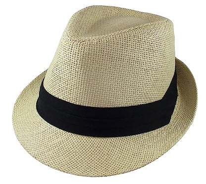 Gelante Summer Fedora Panama Straw Hats with Black Band - color: Beige, size: Large-X-Large