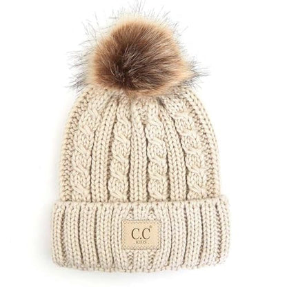 C.C Kids' Suede Patch Snuggly Soft Warm Knit Pom Cuff Beanie - color: Cable Knit Faux Fur, Beige