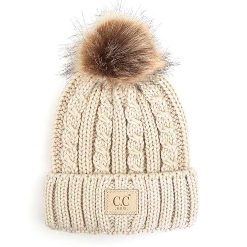 C.C Kids' Suede Patch Snuggly Soft Warm Knit Pom Cuff Beanie - color: Cable Knit Faux Fur, Beige