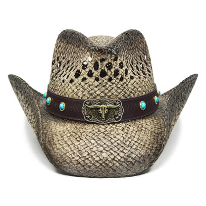 FLUFFY SENSE. Cowgirl Hats for Women Straw Cowboy Hat Western Beach Sun Hat with Shapeable Brim for Coastal Cowgirl - color: Faded Ash Brown