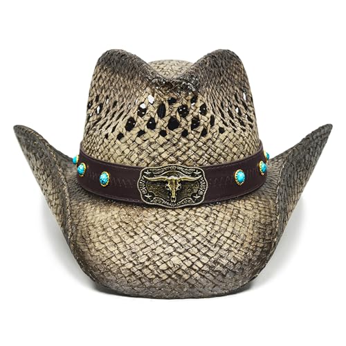 FLUFFY SENSE. Cowgirl Hats for Women Straw Cowboy Hat Western Beach Sun Hat with Shapeable Brim for Coastal Cowgirl - color: Faded Ash Brown