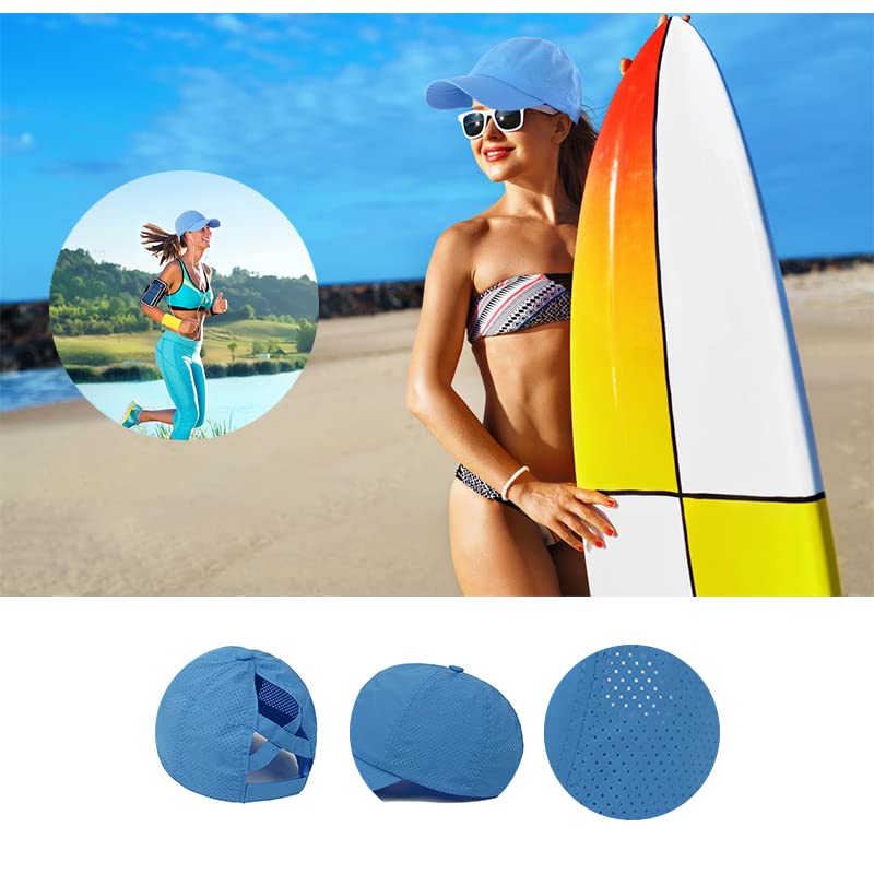 Womens Ponytail Hat Baseball Cap, Adjustable Criss Cross Baseball Cap High Bun Unisex Quick Drying Trucker Hats - color: Zblue