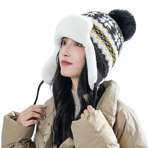 IPENNY Women's Winter Faux Fur Lined Trapper Hat, Warm Knitted Beanie with Pom Pom & Earflaps, Warm Ski Cap for Cold Weather - color: Black