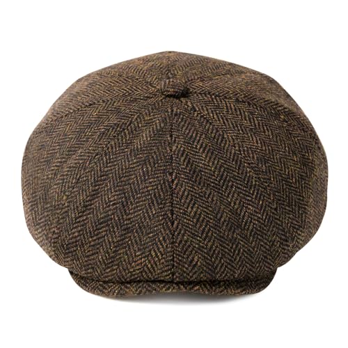 VOBOOM Men Wool Blend 8 Panel Newsboy Cap Tweed Hat - color: Herringbone Coffee