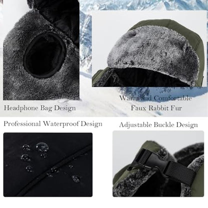 Men Winter Bomber Wool Ear Flap Russian Hat Women Warm Fleece Waterproof Trapper Ushanka Cap Outdoor Ski Hunting Teen - color: Army Green