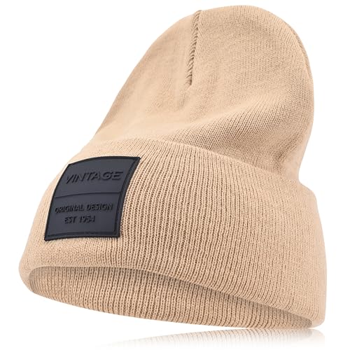 VINTAGE HAVANA Beanie for Women & Men | Thick Cuffed Knitted Winter Hat Beanies Unisex Skull Caps| Vintage Logo Patch - color: Khaki
