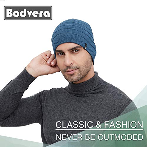 Mens Winter Beanie Hat Warm Knit Cuffed Plain Toboggan Ski Skull Cap (3 Patterns) - color: C4-blue