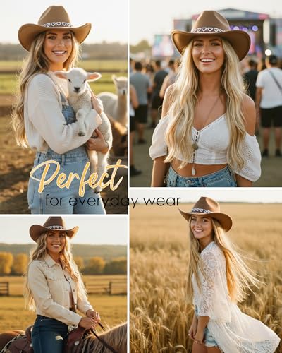 Western Cowboy Hat for Women Wide Brim Cowgirl Hats - color: Heart Camel