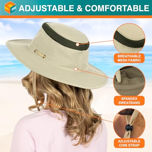 SUN CUBE Wide Brim Sun Hat for Men Women UPF 50+ UV Protection Safari Boonie Hat with Chin Strap, Pocket, Fishing Hiking Hat - color: Tan