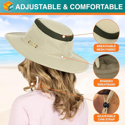 SUN CUBE Wide Brim Sun Hat for Men Women UPF 50+ UV Protection Safari Boonie Hat with Chin Strap, Pocket, Fishing Hiking Hat - color: Tan