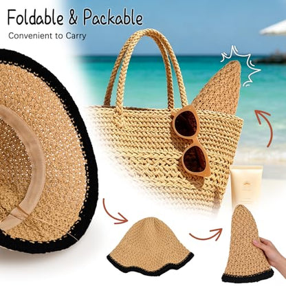 Sun Hat for Women Summer Straw Beach Hats Bucket Hat Floppy Crochet Hat - color: Khaki/Black