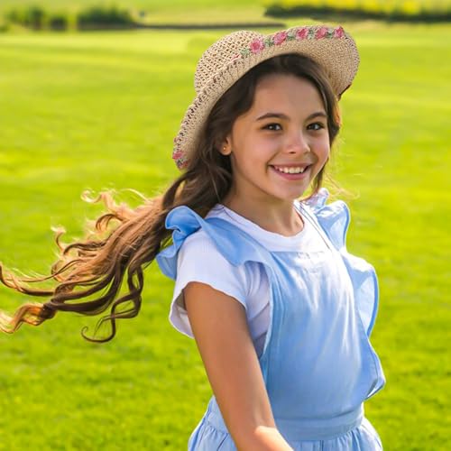 Girls Straw Hat with Flower Round Sunglasses, Summer Foldable Large Brim Sunflower Bowknot Beach Toddler Straw Sun Hat, 2-6T - color: Beige-pink Flower