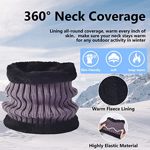 3 Pcs Women Winter Knit Beanie Hat Scarf Touchscreen Gloves Set Warm Soft Thick Fleece Lined Skull Cap with Double Pom Pom - color: Purple