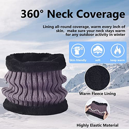 3 Pcs Women Winter Knit Beanie Hat Scarf Touchscreen Gloves Set Warm Soft Thick Fleece Lined Skull Cap with Double Pom Pom - color: Purple