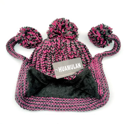 HUAMULAN Women Winter Sherpa Knit Beanie Hat Fleece Lined Ear Flaps - color: Rose Red