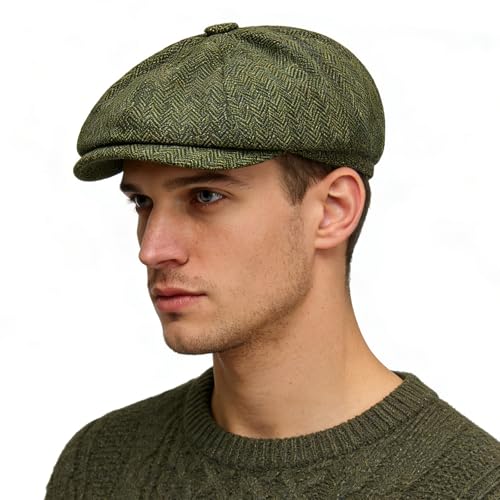 Gatsby Newsboy Hat Men Women Classic Herringbone 8 Panel Trendy Tweeb Flat Cap - color: Green