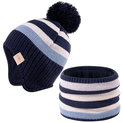 Beanie Knit Hats for Toddlers with Earflap Fleece Lined Hat Kids Warm Winter Hat Scarf Set Children's Thick Ski Cap - color: Rainbows-blue+scarf