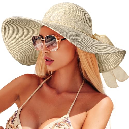 Beach Sun Hats for Women,Wide Brim Straw Hat Floppy Packable UPF 50+ UV Protection with for Summer - color: Beige Mixed, size: Medium