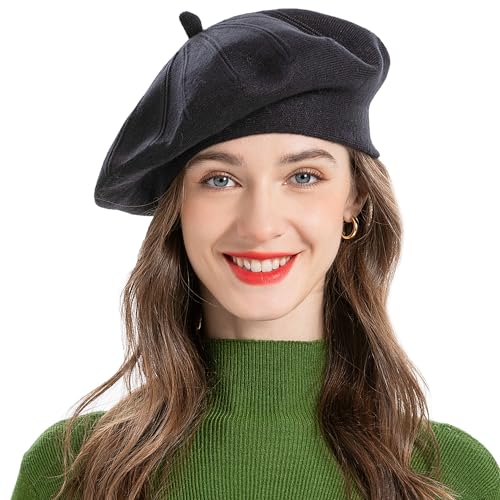 ZLYC Women French Beret Hat Reversible Solid Color Knit Warm Artist Cap - color: Black