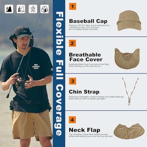 Surblue Baseball Sun Cap with Removable Neck Flap and Face Mask UPF 50+ - color: Khaki, size: Medium