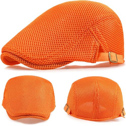 2 Pack Men's Mesh Cap Breathable Summer Newsboy Hat Adjustable Beret Ivy Cap Irish Cabbie Driving Hunting Hats - color: Black/Orange