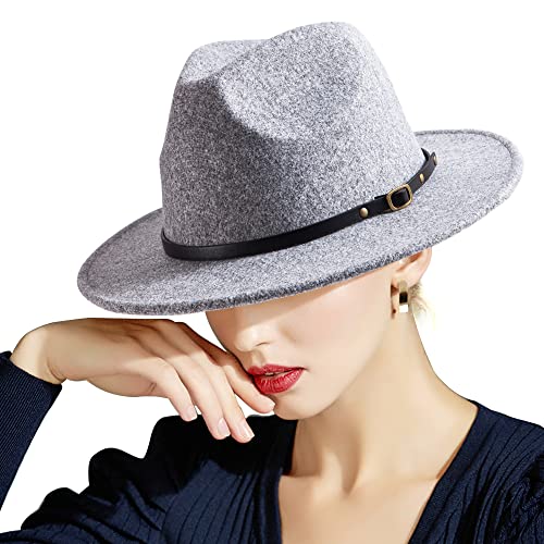 Felt Wide Brim Fedora Hats for Women Men, with Band Belt Buckle, Adjustable - color: P05 Light Grey