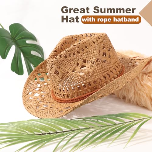 AQOKKA Straw Cowboy Hats for Women Men Western Cowgirl Hats with Shapeable Brim Woven Hollow Out Unisex Beach Roll Up Caps - color: Khaki a