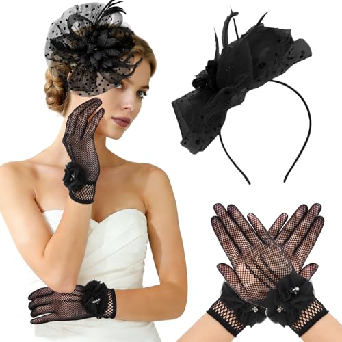 Fascinator Hat and Lace Gloves Set for Women Vintage Derby Tea Party Headpiece with Feather - color: Black