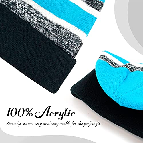 Winter Knit Beanie Hat with Pom Pom – Warm Cuffed Slouch Ski Cap for Men & Women - color: 2.black and Turquoise