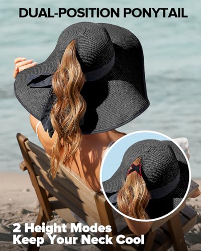 Sun Beach Hats for Women with Ponytail Hole, Floppy Wide Brim Beach Hat, Straw Summer Packable Sunhat Foldable Sun Protection - color: Black, size: Medium