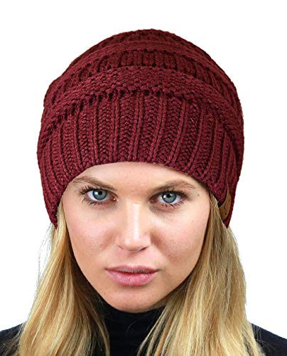 C.C Unisex Chunky Soft Stretch Cable Knit Warm Fuzzy Lined Skully Beanie - color: Maroon