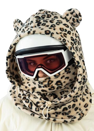 Fleece Balaclava Over Helmet - Warm Helmet Ninja Hood - Snowboard Hooded Hat Neck Gaiter Ski Mask - color: Leopard-earsup, size: One Size