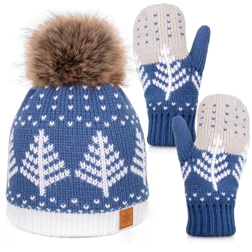 Womens Winter Knit Beanie Fleece Lined Hat with Pom Thick Warm Cable Hat for Women Men Teens - color: Blue Set