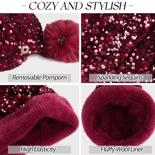 Babalet Winter Beanie Hats for Women Velvet Sequined Slouchy Skull Warm Fuzzy Pompon Cap Outdoor Windproof Ski Knit Cap - color: Burgundy