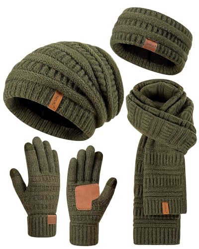 Womens Winter Beanie Hat Scarf Gloves Headband Set, Slouchy Beanie Ear Warmer Knit Scarf Touchscreen Gloves Warm 4 Gift Set - color: Army