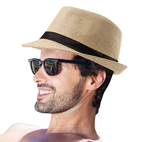 XL Straw Fedora Hats for Men Summer Trilby Beach Travel Panama Casual 7 1/2 - color: Beige Yellow